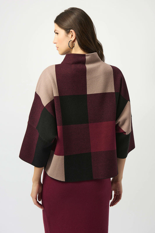 JOSEPH RIBKOFF PLAID JACQUARD SWEATER - WINE MULTI
