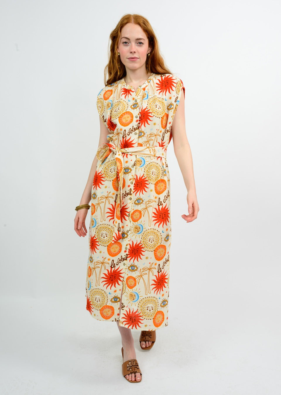 IVY JANE BUTTON-FRONT DRESS W/ BELT - WHITE MULTI