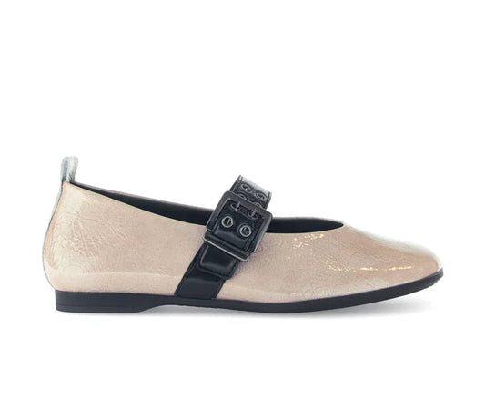 Beige flat shoe with a black strap and buckle on a white background
