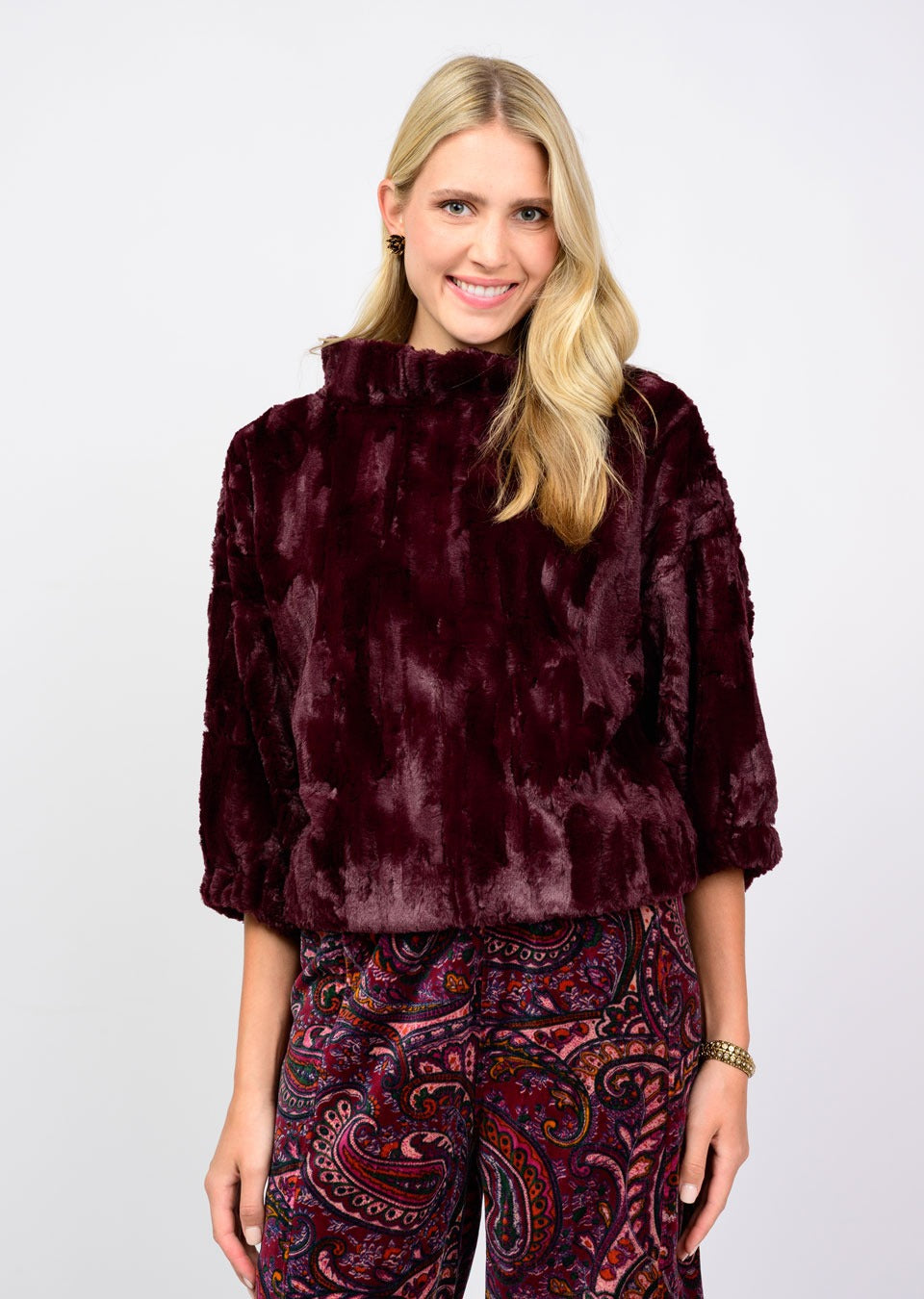 IVY JANE POOF SLEEVE FAUX FUR POPOVER - WINE
