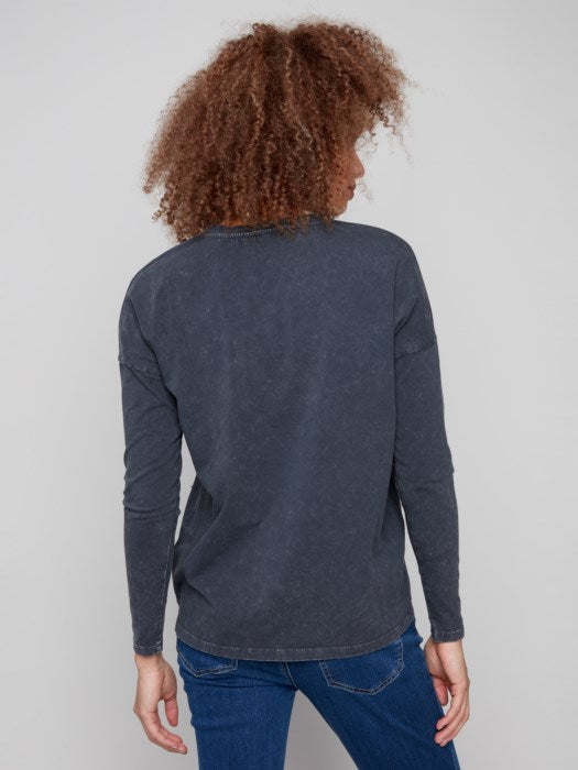 *SALE* CHARLIE B BEADED VINTAGE V-NECK TOP - CHARCOAL