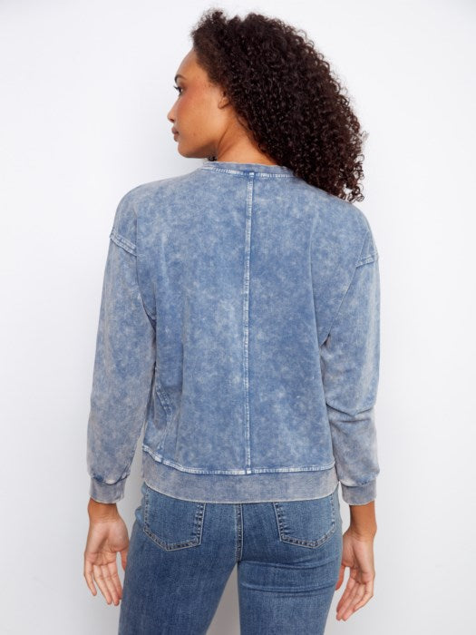 CHARLIE B LONG-SLEEVE TOP W/ FLOWER - DENIM