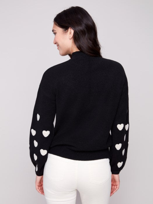 CHARLIE B MOCK-NECK W/ EMBROIDERED HEARTS - BLACK