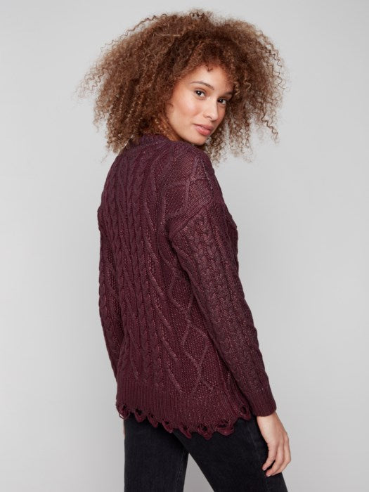 *SALE* CHARLIE B METALLIC CABLE KNIT SWEATER - WINE