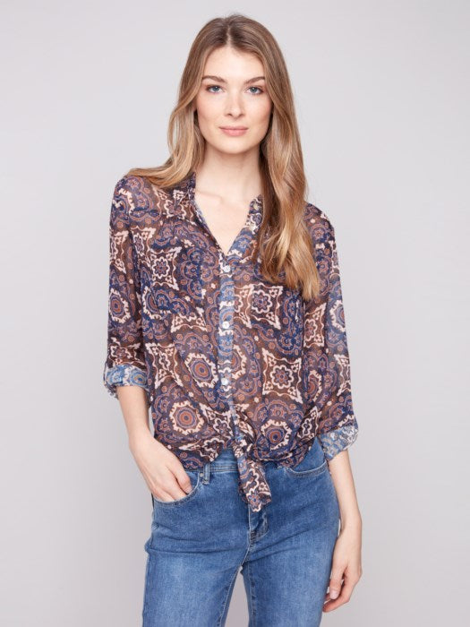 *SALE* CHARLIE B PRINTED BLOUSE W/ TIE FRONT OPTION - MULTI
