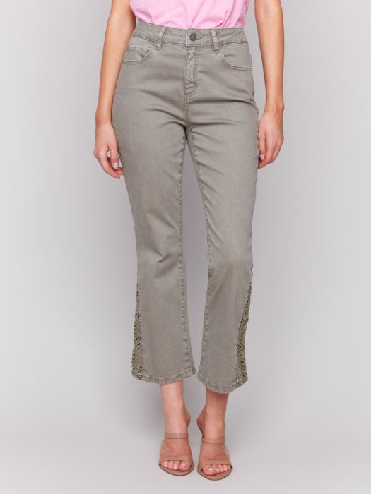 *SALE* CHARLIE B LACE CUTS SIDE BOOTCUT PANT - OLIVE GREEN