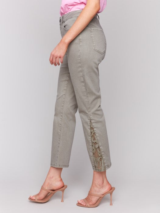 *SALE* CHARLIE B LACE CUTS SIDE BOOTCUT PANT - OLIVE GREEN