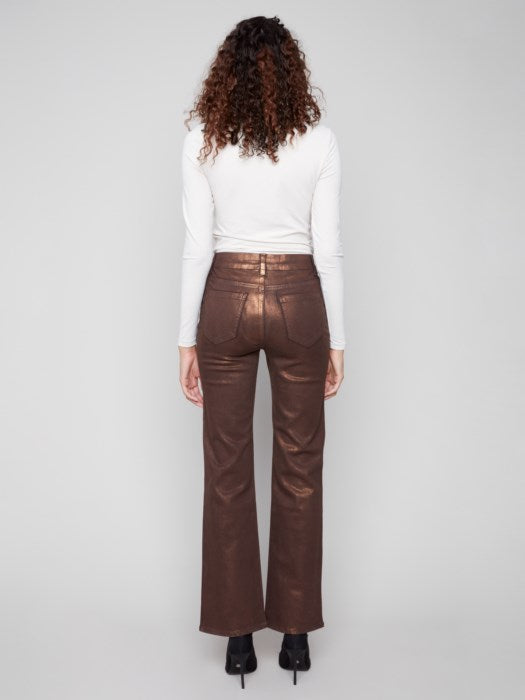 CHARLIE B FLARE LEG FOIL TWILL PANTS - BRONZE