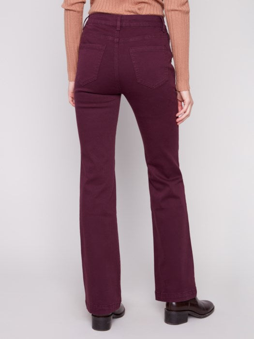 CHARLIE B FLARE LEG TWILL PANTS - BERRY