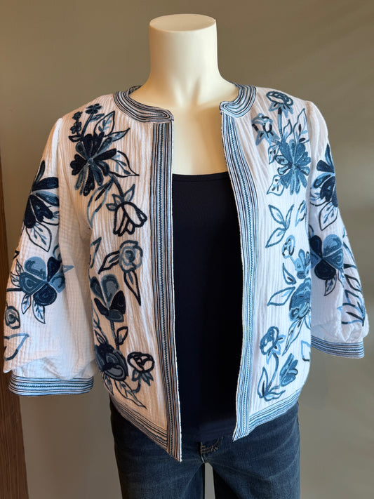 SALE - JOHN MARK FLORAL EMBROIDERED REVERSIBLE JACKET - BLUE MULTI