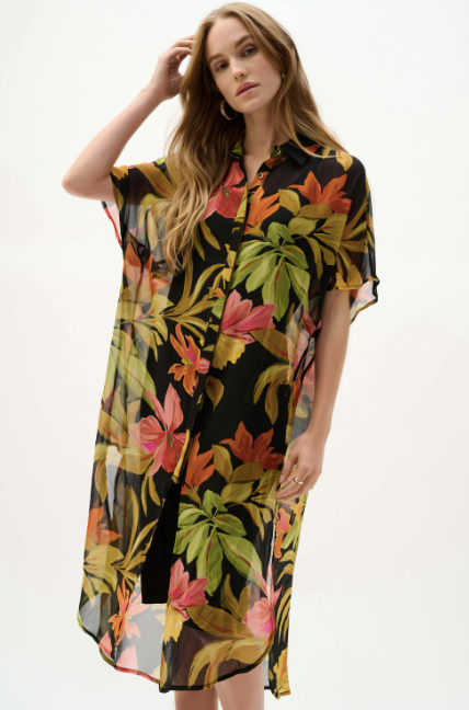 JOSEPH RIBKOFF CHIFFON TROPICAL PRINT STRAIGHT BLOUSE - BLACK MULTI