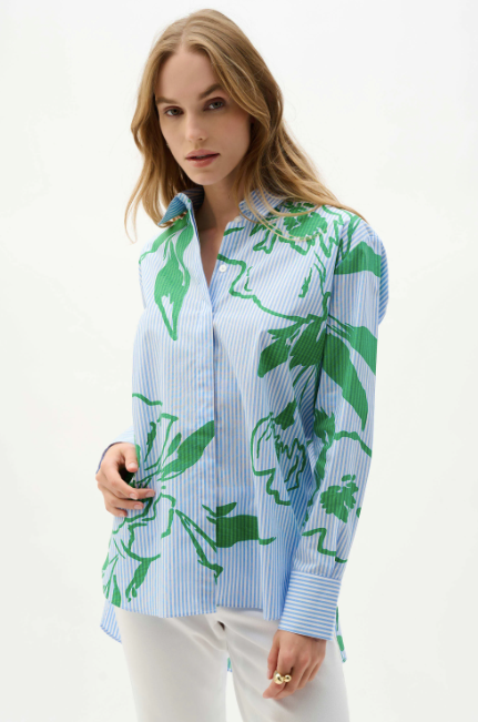 JOSEPH RIBKOFF COTTON STRIPE FLORAL PRINT BOXY BLOUSE - MULTI