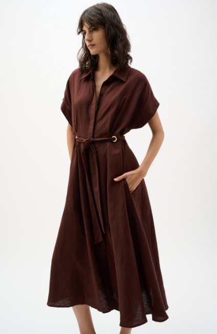 JOSEPH RIBKOFF FIT AND FLARE SHIRT DRESS - MAHOGANY