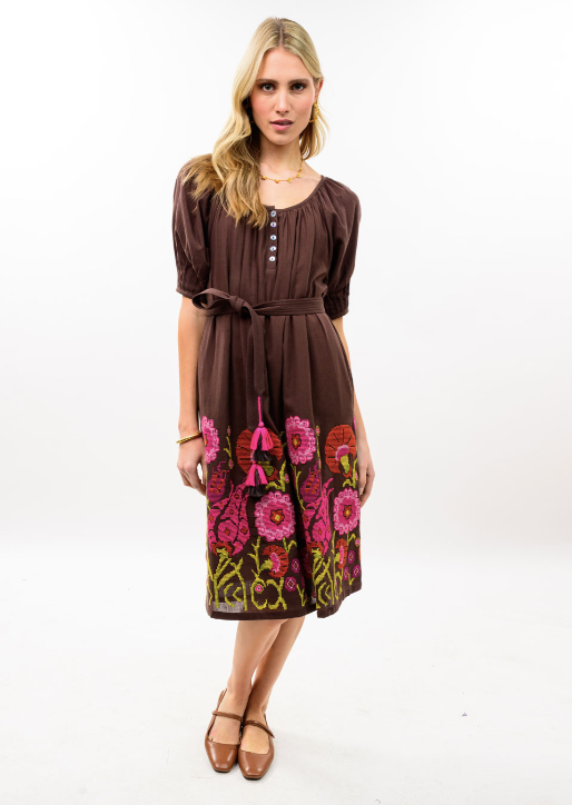 UNCLE FRANK FLORAL EMBROIDERED DRESS - BROWN