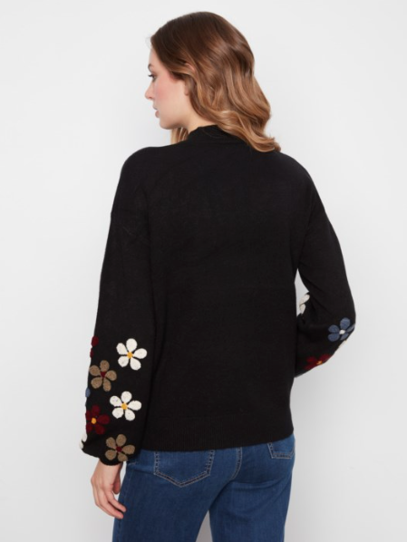 CHARLIE B MOC NECK SWEATER WITH EMBROIDERED FLOWER DETAIL - BLACK