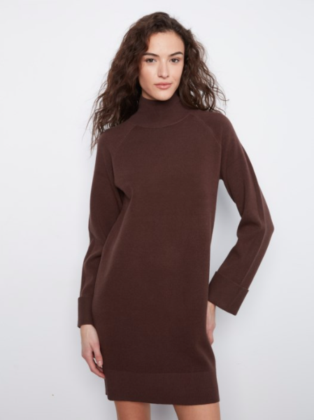 CHARLIE B MOC NECK SWEATER DRESS - COFFEE