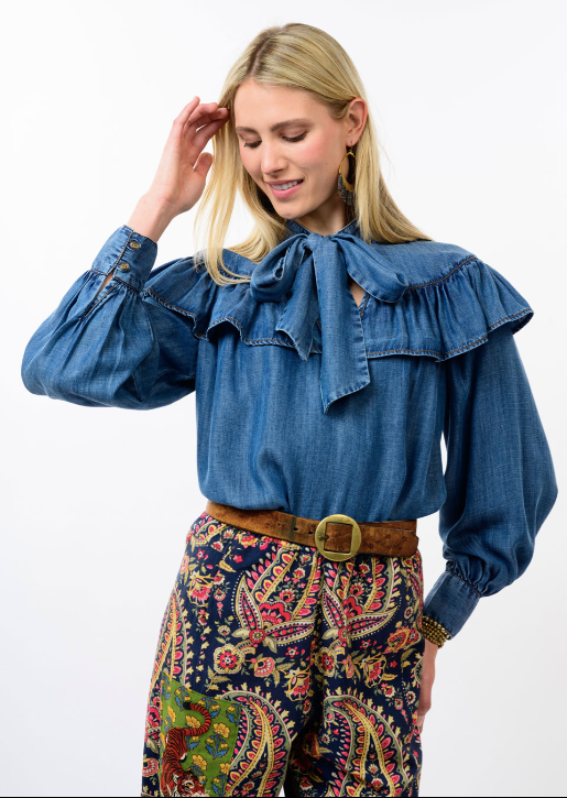 IVY JANE DENIM BOW TOP - INDIGO