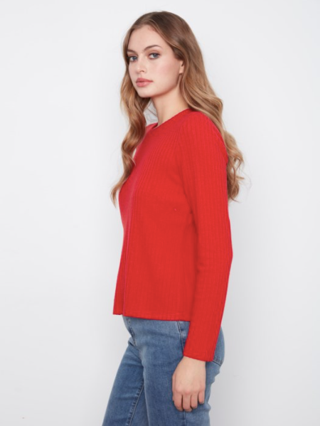 CHARLIE B BRUSH RIBBED LONG SLEEVE TEE - RED