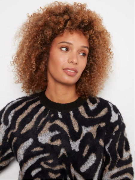CHARLIE B ELBOW SLEEVE JACQUARD KNIT SWEATER - MYSTIQUE
