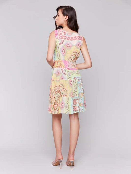 *SALE* CHARLIE B PRINTED SLEEVELESS V-NECK DRESS - PINK MULTI