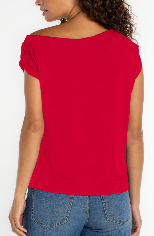 LIVERPOOL ASYMMETRICAL OFF-SHOULDER KNIT TOP - CHERRY