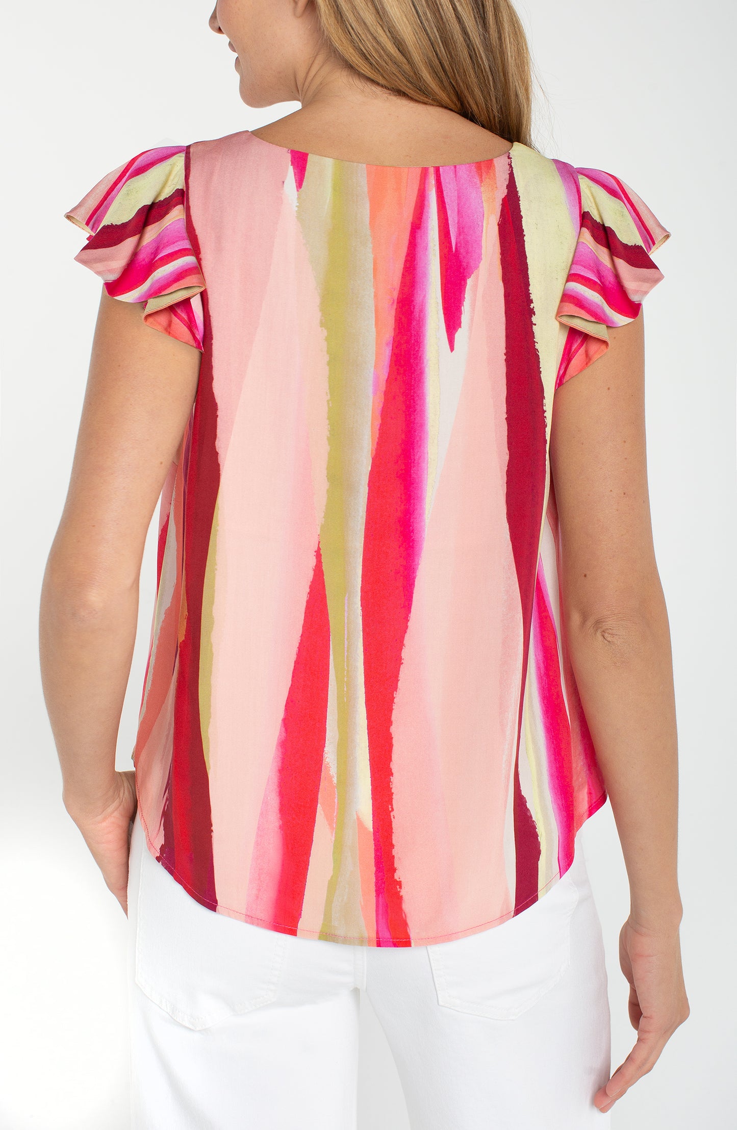 LIVERPOOL FLUTTER SLEEVE SCOOP-NECK TOP - PINK MULTI