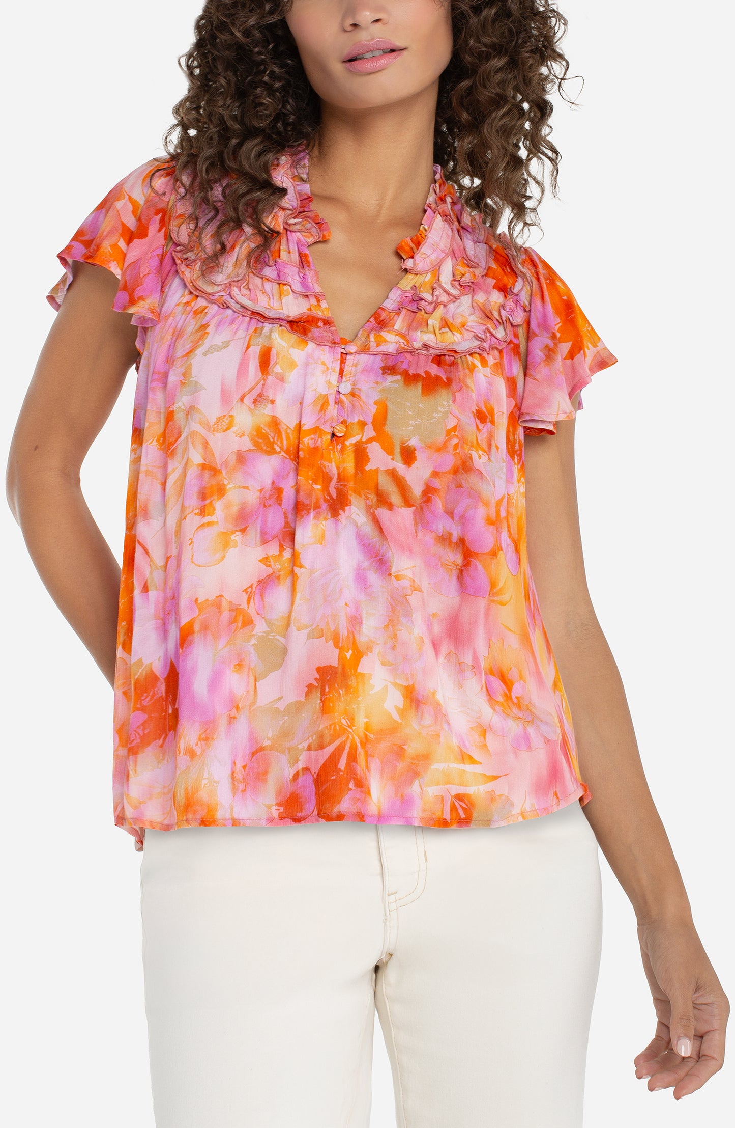 LIVERPOOL FLUTTER SLEEVE POPOVER TOP - MULTI