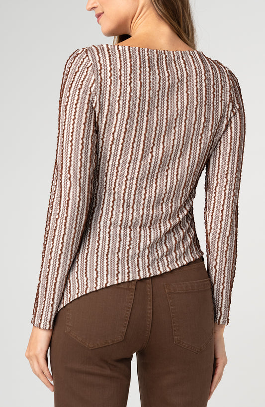 LIVERPOOL LONG SLEEVE BOAT NECK ASYMMETRIC HEM TOP - BROWN AND IVORY STRIPE