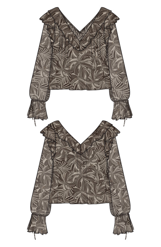 LIVERPOOL LONG SLEEVE DOUBLE RUFFLE WOVEN BLOUSE - DARK ESPRESSO TAN LEAVES