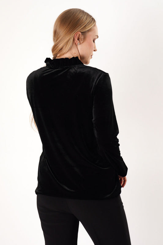 TRISHA TYLER VELVET TOP WITH RUFFLE - BLACK