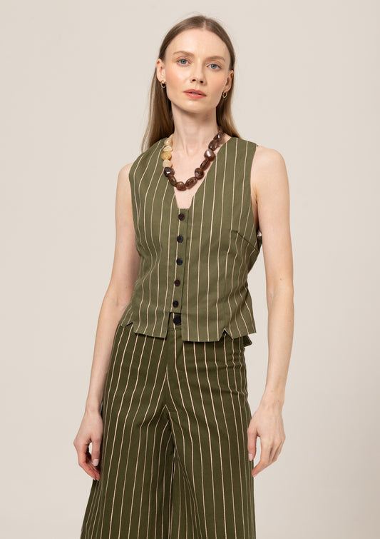 BEL KAZAN JOLENE VEST - SAGE GREEN WITH PINK STRIPE