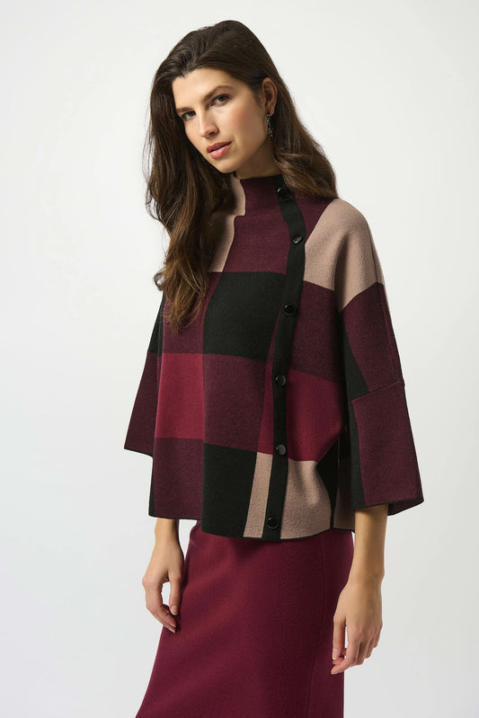 JOSEPH RIBKOFF PLAID JACQUARD SWEATER - WINE MULTI