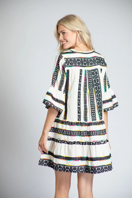 AP NY TIERED EMBROIDERED DRESS - WHITE MULTI - S77BWHT