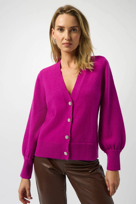 JOSEPH RIBKOFF SWEATER CARDIGAN W/ PUFF SLEEVES - FUCHSIA