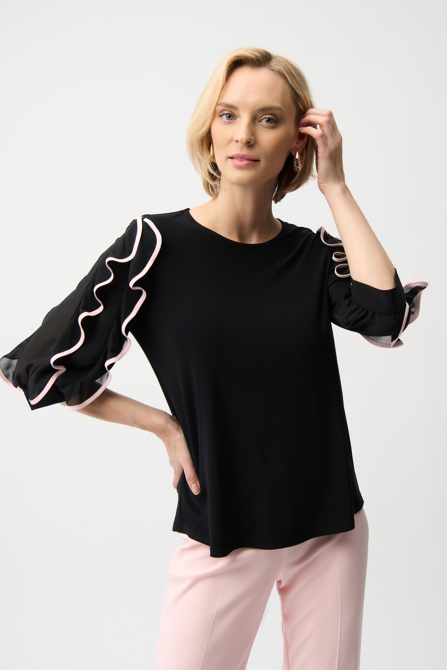 JOSEPH RIBKOFF SILKY KNIT TOP - BLACK & PINK