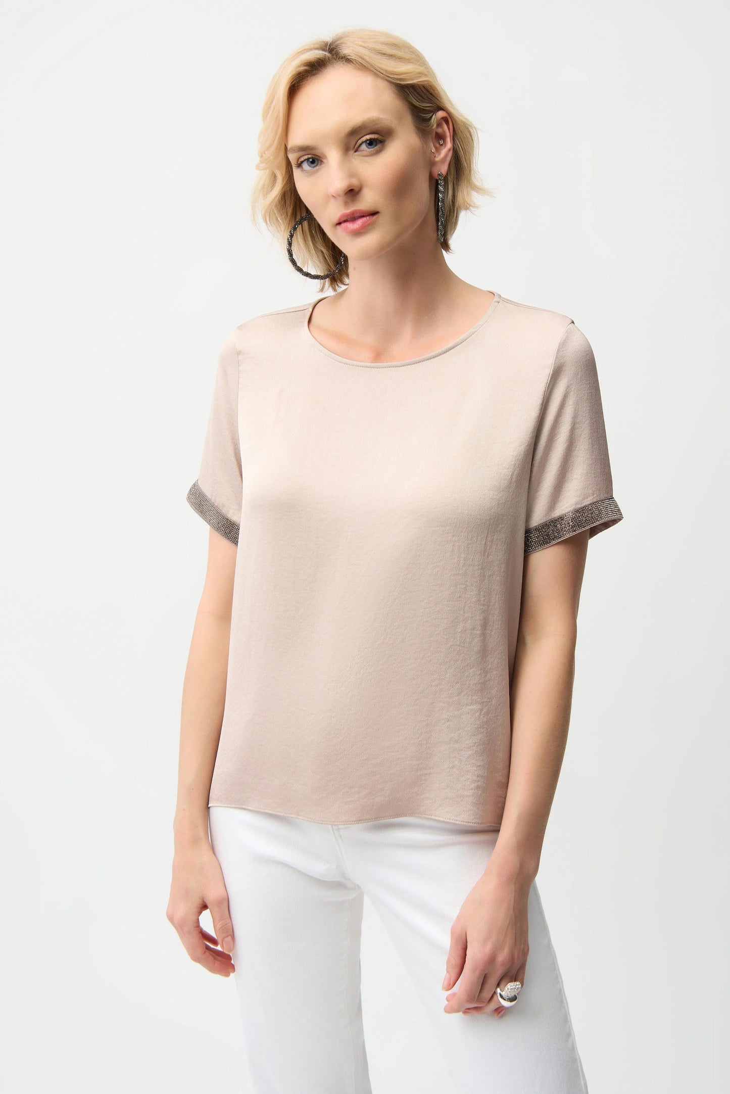 SALE JOSEPH RIBKOFF RECYCLED SATIN TOP W/ RHINESTONES - SAND