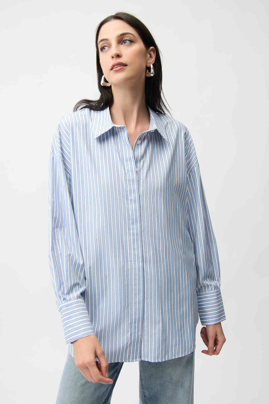 JOSEPH RIBKOFF TENCEL STRIPED BOXY BLOUSE - BLUE MULTI