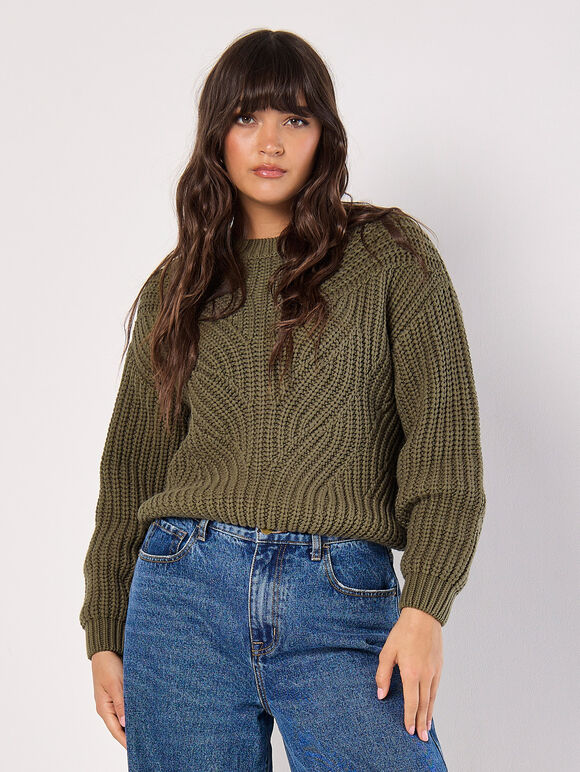 APRICOT CHUNKY CABLE KNIT SWEATER - KHAKI GREEN - 895140