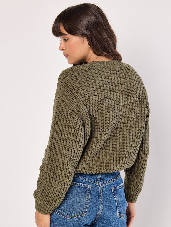 APRICOT CHUNKY CABLE KNIT SWEATER - KHAKI GREEN - 895140