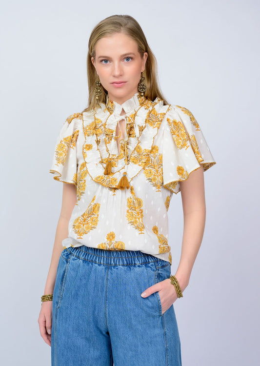 IVY JANE RUFFLE BIB TOP - IVORY MULTI