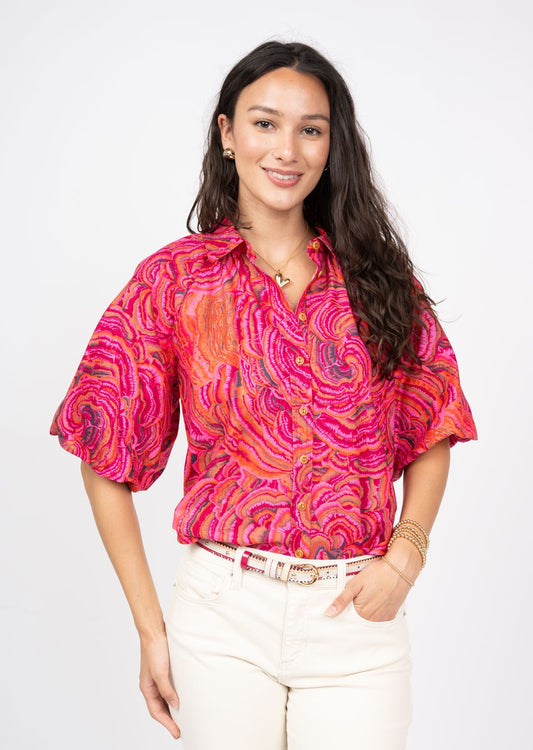 IVY JANE POUF-SLEEVE CAMP SHIRT - PINK