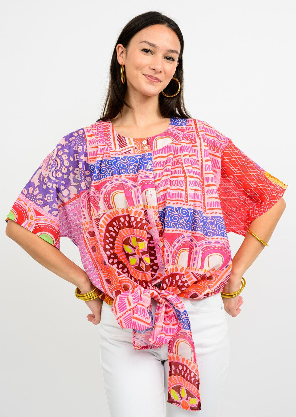 IVY JANE BUTTON-FRONT SHIRT W/ TIE - PINK MULTI