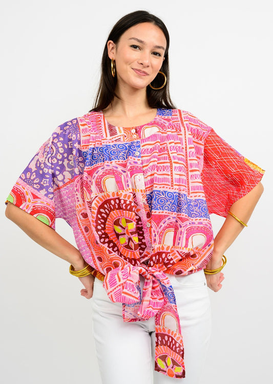 IVY JANE BUTTON-FRONT SHIRT W/ TIE - PINK MULTI