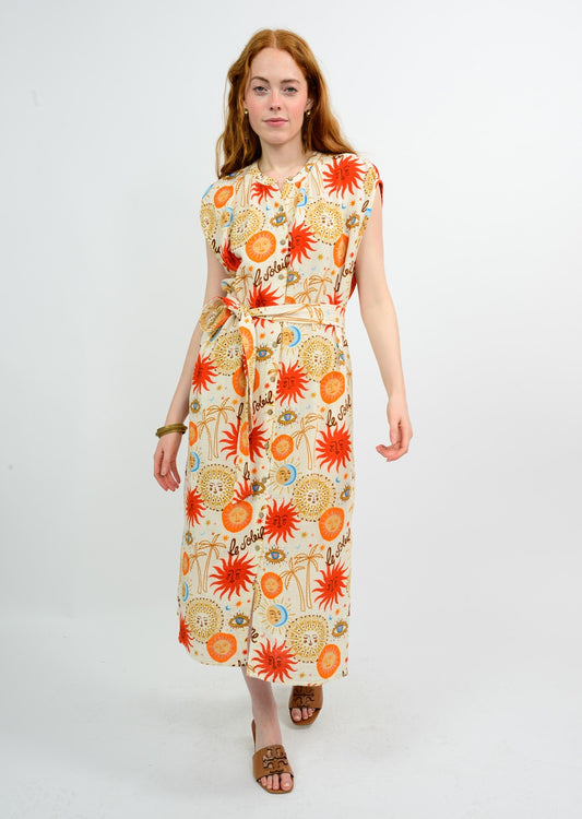 IVY JANE BUTTON-FRONT DRESS W/ BELT - WHITE MULTI