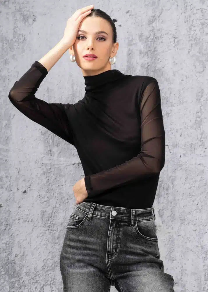 *SALE* ALISON SHERI MESH MOCK- NECK TOP - BLACK - A44020BLK