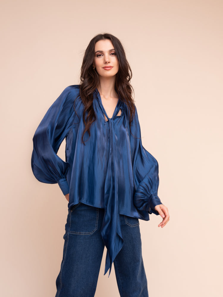 ALISON SHERI SATIN TIE NECK TOP - FRENCH BLUE