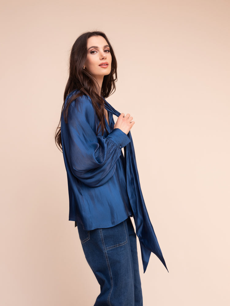 ALISON SHERI SATIN TIE NECK TOP - FRENCH BLUE