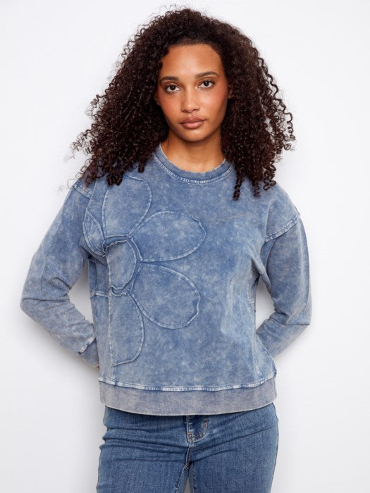 CHARLIE B LONG-SLEEVE TOP W/ FLOWER - DENIM