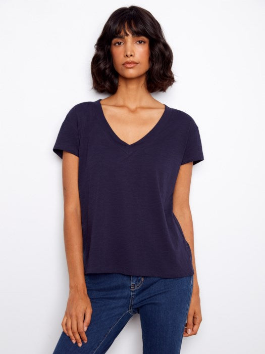 CHARLIE B COTTON DROP V-NECK TEE - NAVY