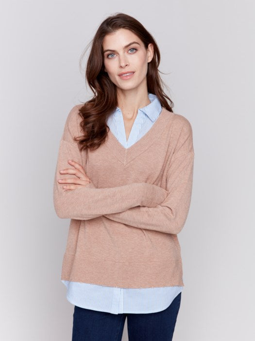 CHARLIE B V-NECK SWEATER W COLLAR - CARAMEL - C2568L464A678